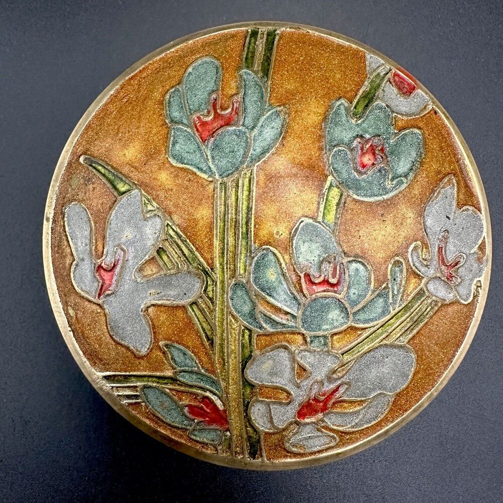 Vintage Indian Brass Enamel Trinket Box Floral Jewelry Box Coquette Vanity Decor